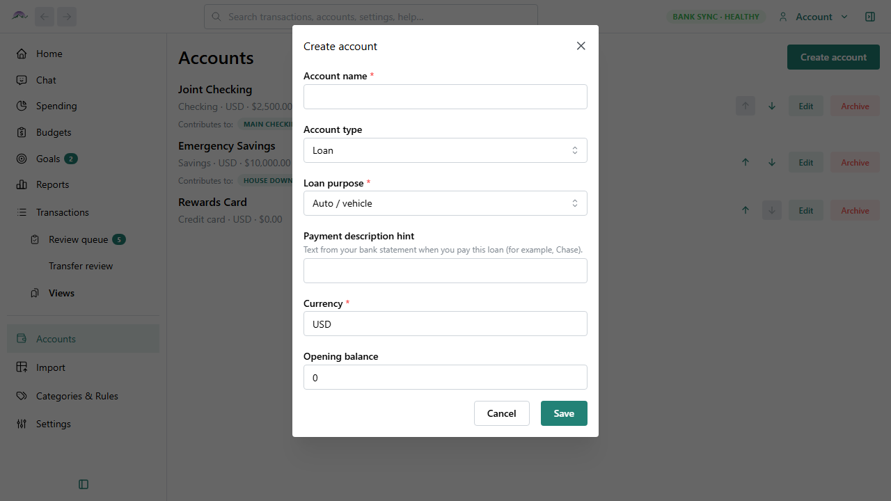 Big Picture Money accounts overview