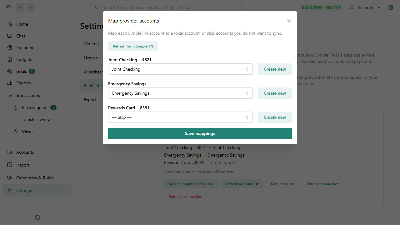 Big Picture Money SimpleFIN bank sync account mapping