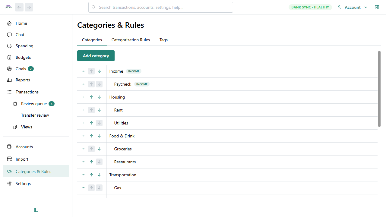 Big Picture Money categories and rules