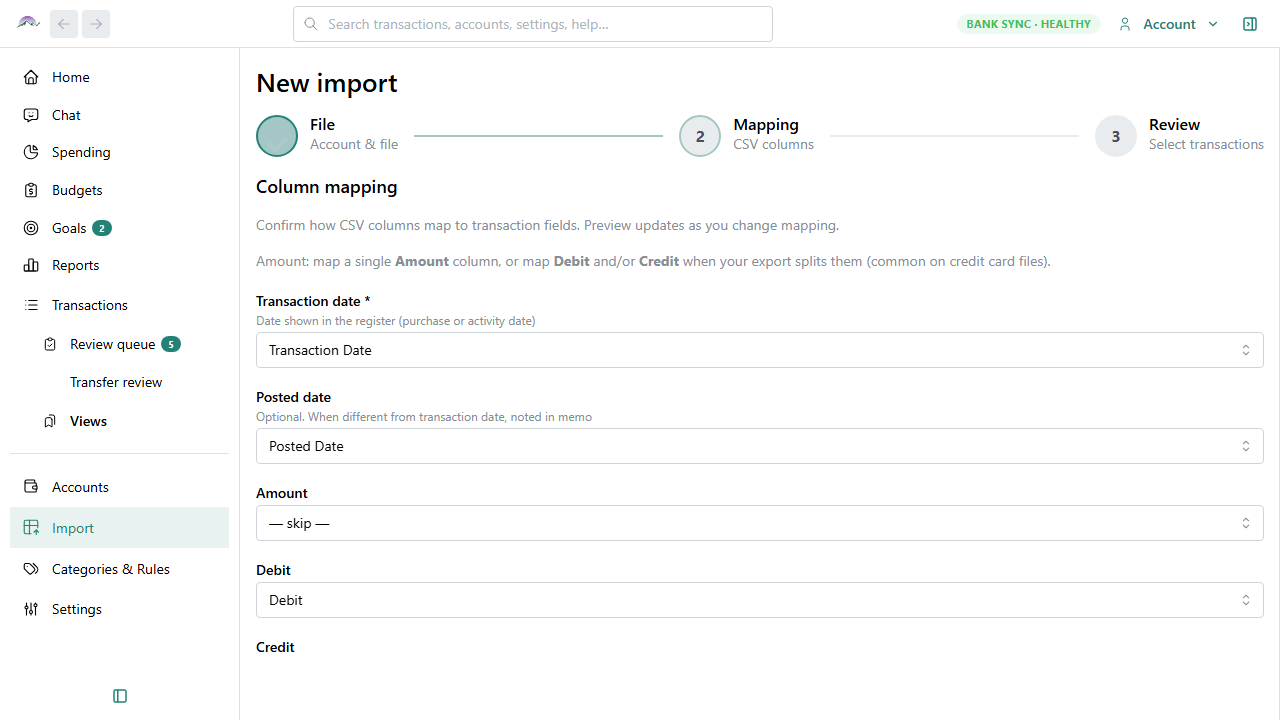 Big Picture Money CSV import column mapping