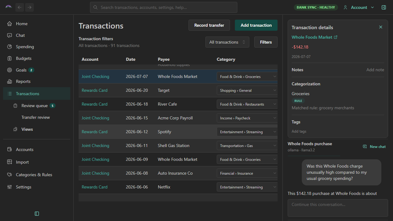 Big Picture Money transaction detail with AI chat panel