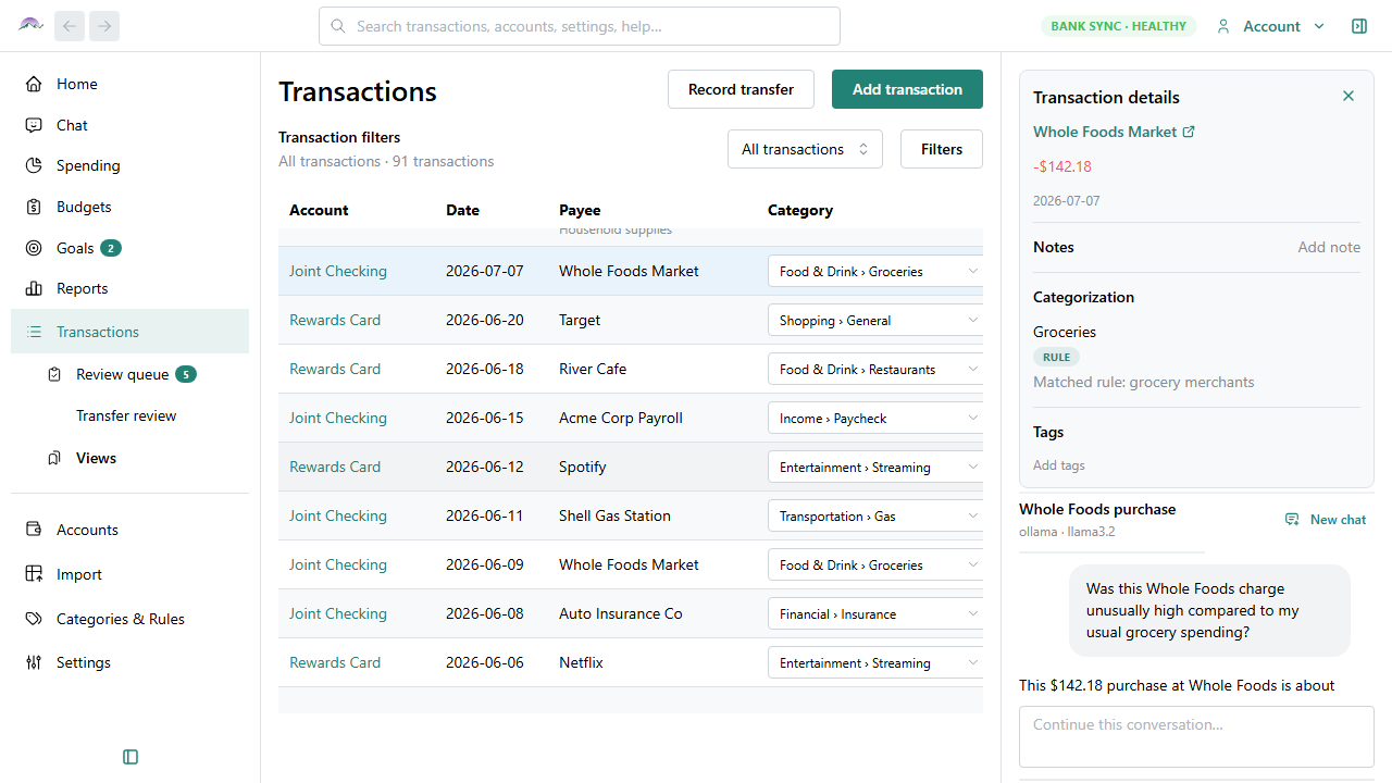 Big Picture Money transaction detail with AI chat panel